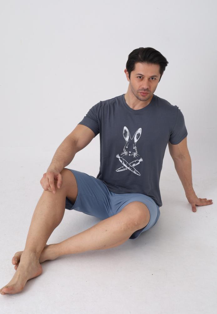 Pijama barbat cu maneca scurta si pantaloni 3/4, culoare gri inchis, Engros